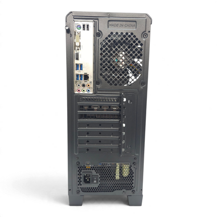 The Computer Market custom gaming PC rear view showing motherboard ports, ASUS RTX 2070 GPU, and power supply unit.